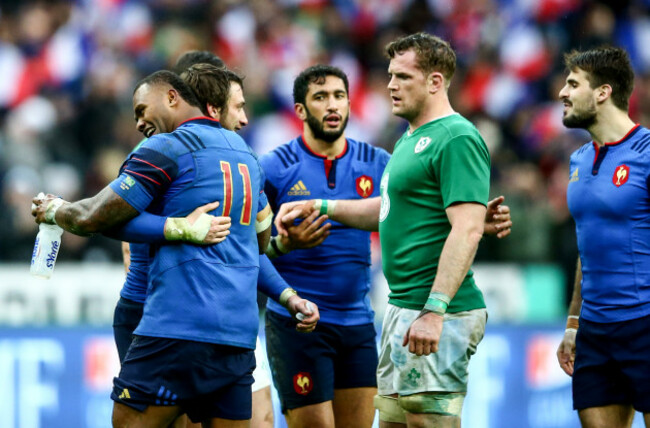 Virimi Vakatawa and Maxime Médard celebrate after the game