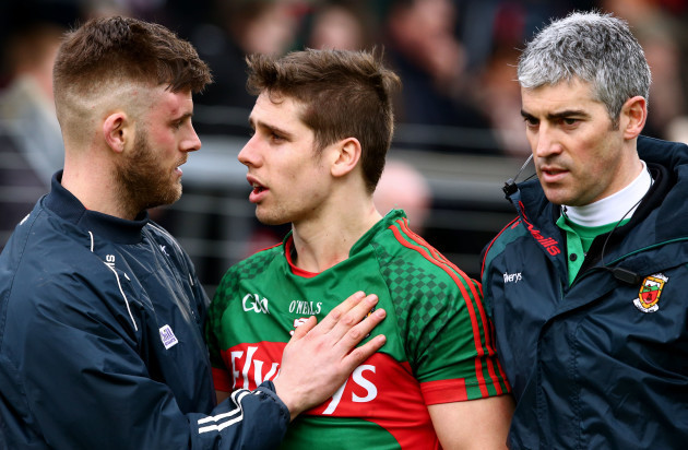 Eoin Cadogan checks on Lee Keegan after the game