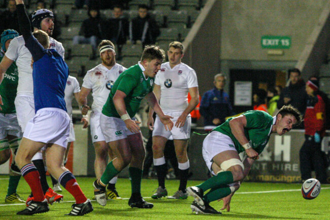 James Ryan celebrates scoring his side's first try