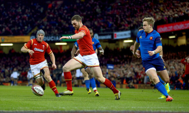 George North kicks on before scoring the first try
