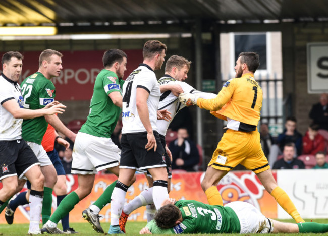 Tempers flare between the sides at the end of the first half