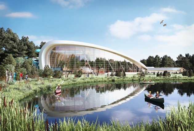 Artist's impression of the Subtropical Swimming Paradise, viewed across the lake
