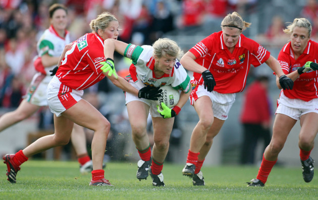 Cora Staunton closed down by the Cork defence