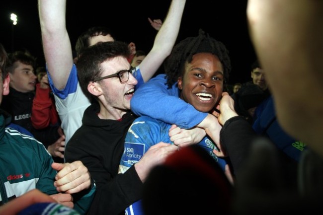 Finn Harps match winner BJ Banda swamped by fans at the final whistle