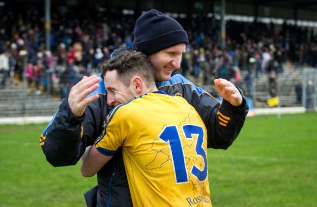 Fergal O'Donnell is hugged by Ciaran Murtagh