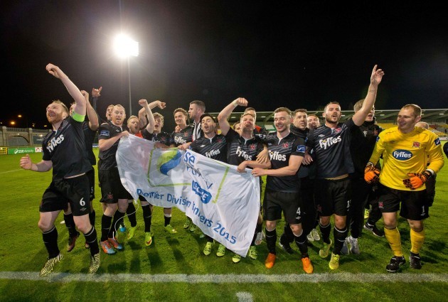Dundalk players celebrate after capturing the league title for the second time in a row