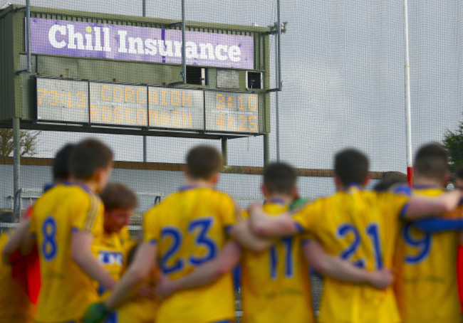 The Roscommon players in a huddle at the end of the game