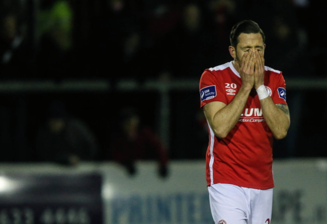 Billy Dennehy reacts to a missed free kick