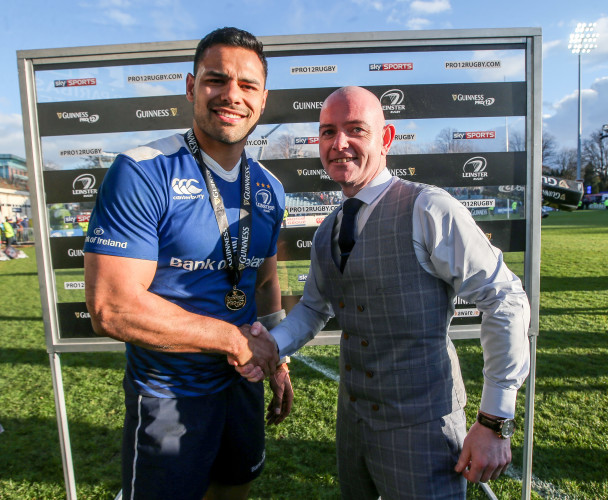 Ben Te'o is presented with the man of the Guinness PRO12 Man of the Match award by Joe O'Reilly