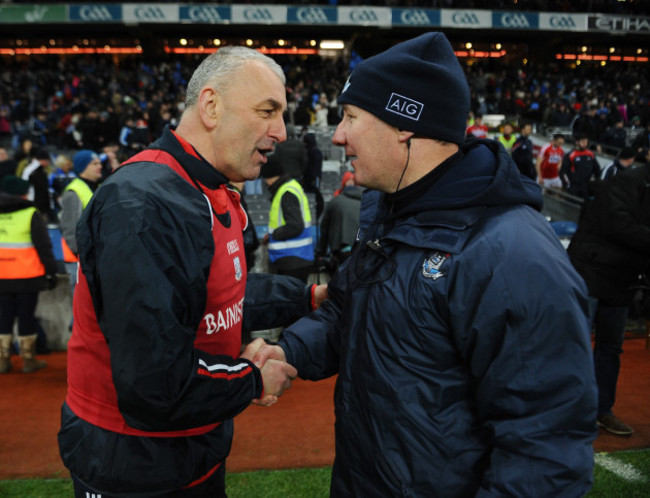 Peadar Healy and Jim Gavin shake hands at the end of the match