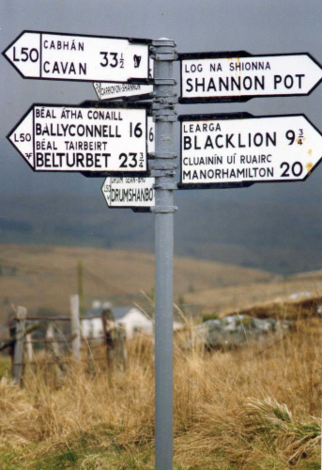 Road sign Glengerlin, near the Shannon Source, Co. Cavan.March 1991