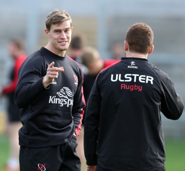 Andrew Trimble shares a joke with Paddy Jackson