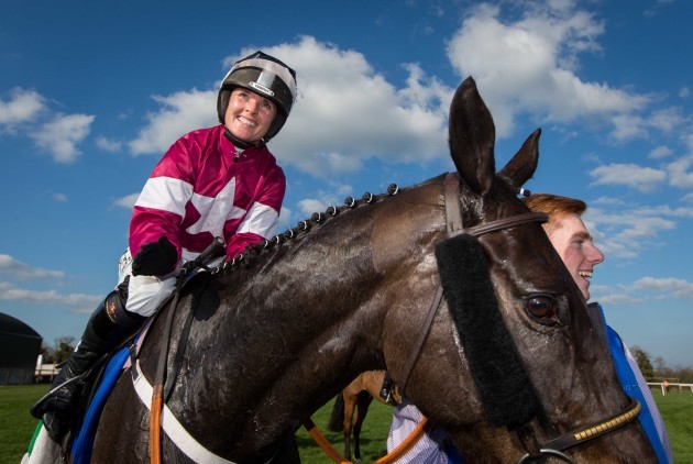 Katie Walsh celebrates onboard Thunder And Roses after winning