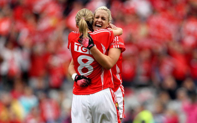 Juliet Murphy and Brid Stack celebrate at the final whistle