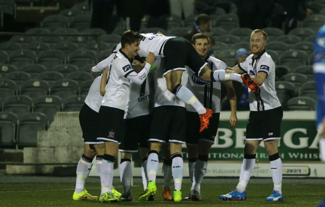 Dundalk players celebrate Paddy Barrett's goal