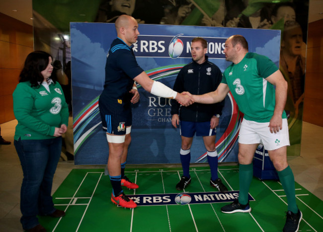 Sarah Finn with Rory Best and Sergio Parisse along with Angus Gardner at the coin toss