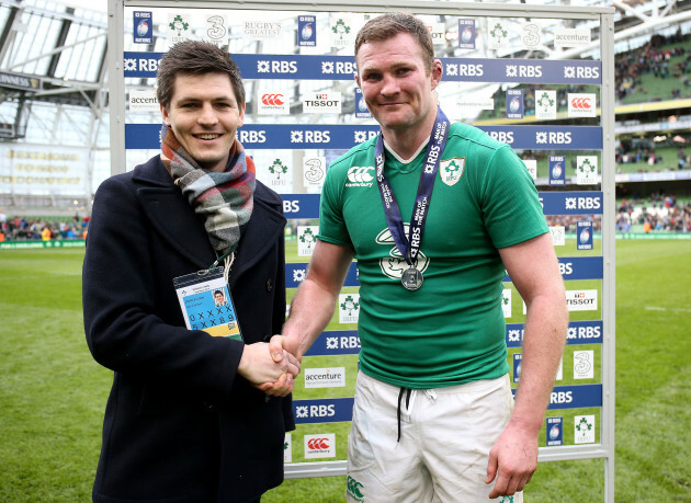 Donnacha Ryan receives the RBS man of the match medal from John Flynn