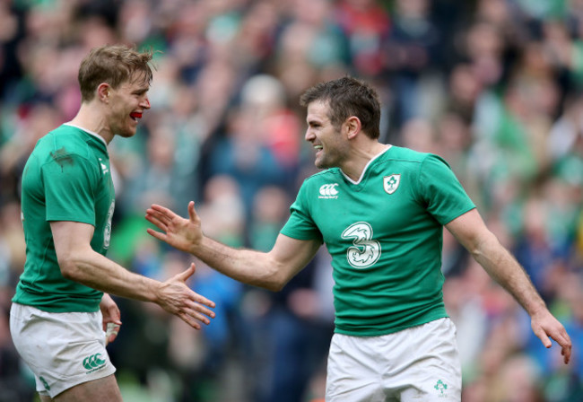 Jared Payne celebrates his try with Andrew Trimble