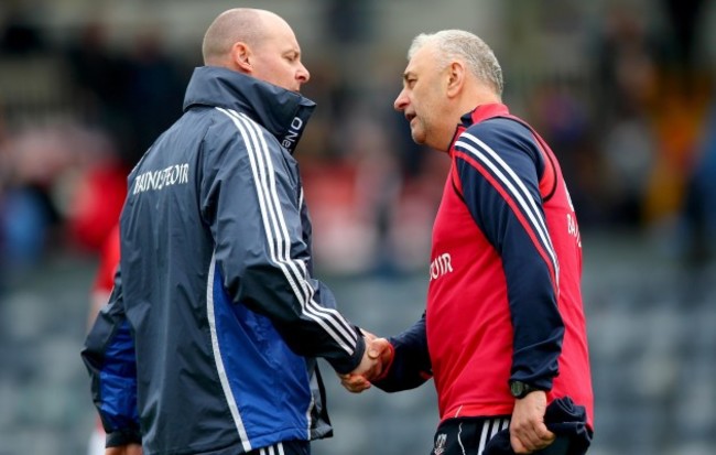 Malachy O'Rourke and Peadar Healy at the end of the game