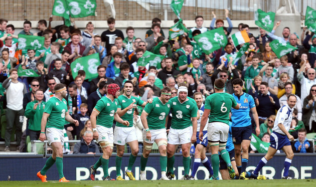 Jamie Heaslip celebrates scoring a try