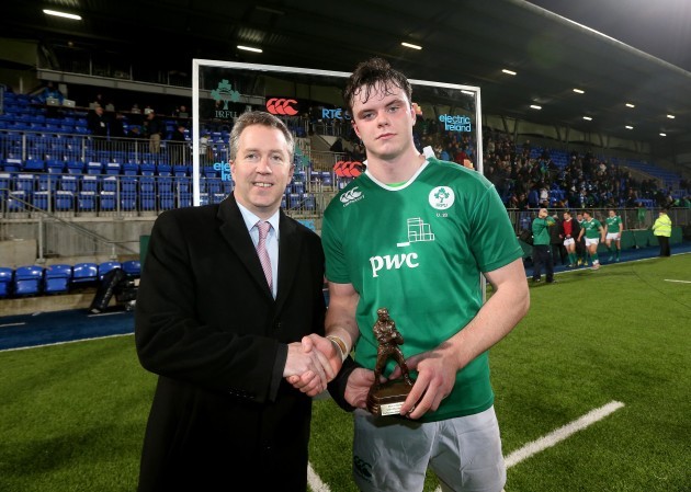James Ryan is presented with his man of the match award by Paul Stapeton