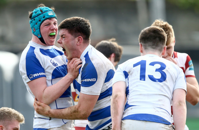 Stephan Grenham celebrates with try scorer Michael O’Neill