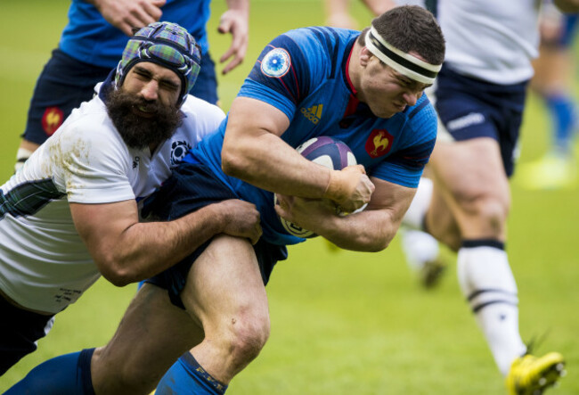 Guilhem Guirado scores their first try despite Josh Strauss