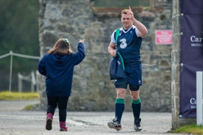 CJ Stander greets Ireland fan Jennifer Malone before training