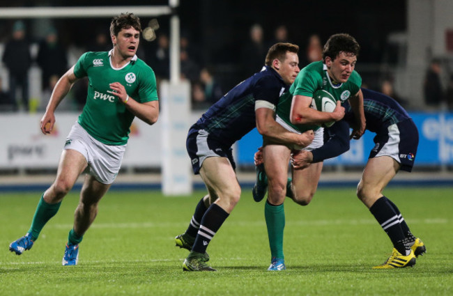 Brett Connon tackled by George Taylor and Tom Galbraith