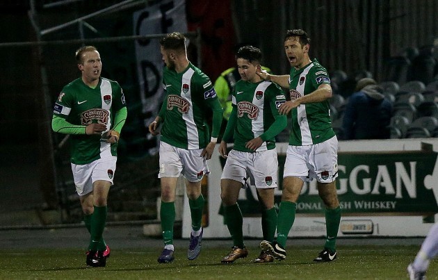 Sean Maguire celebrates scoring the first goal of the game with teammates