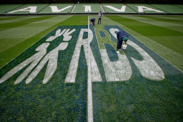 A view of RBS branding being painted on the pitch