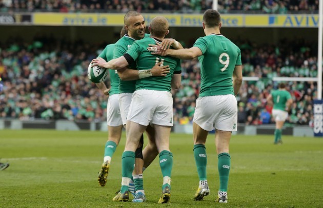 Keith Earls celebrates his try with Simon Zebo and Conor Murray