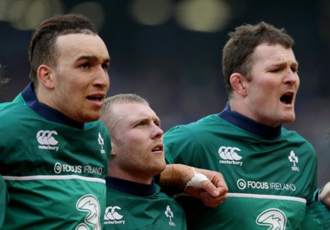 Keith Earls stand for the national anthem on his 50th cap