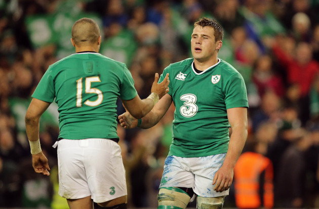 Simon Zebo and CJ Stander celebrate the end of the game