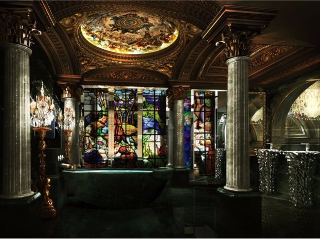 rooms-will-also-come-complete-with-stained-glass-and-marble-bathrooms-where-ceilings-illuminated-with-artwork-are-lit-by-a-standing-candelabra-a-rain-shower-is-hidden-behind-a-floor-to-ceiling-stained-glass-facade