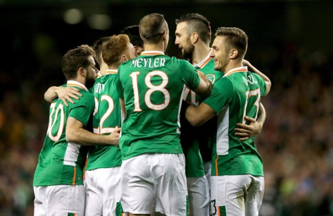 Ireland players celebrate Ciaran Clark's goal