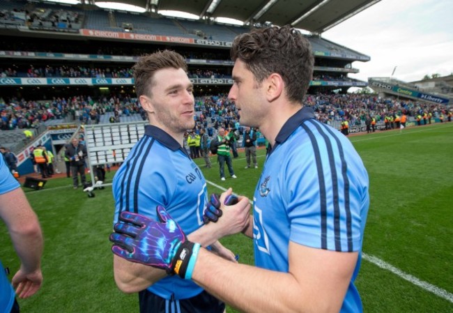 Paddy Andrews greets Bernard Brogan after the game