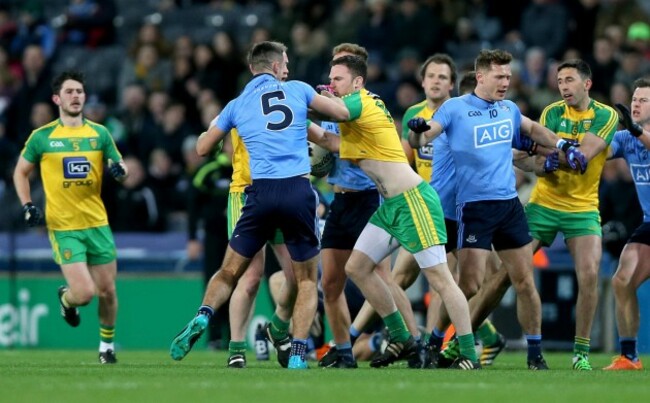 James McCarthy clashes with Martin McElhinney