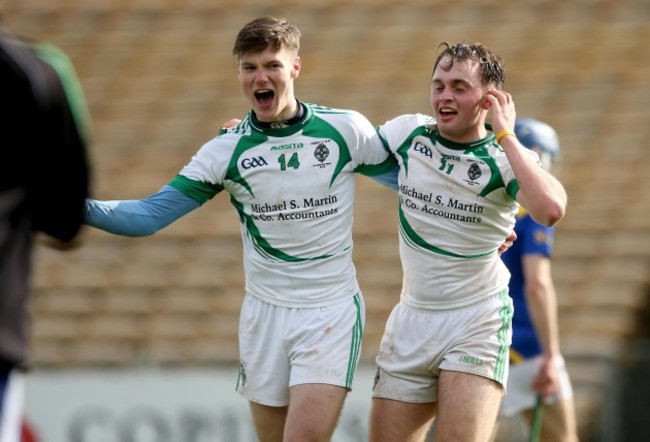 Shane Power and Daire Egan celebrate at the final whistle