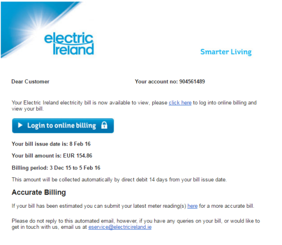 Beware This scam email is being sent to Electric Ireland customers