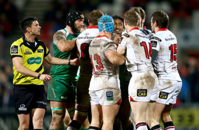 Bundee Aki has words with Ulster players