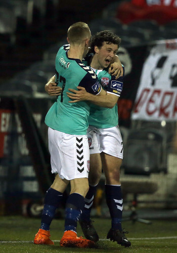 Barry McNamee celebrates scoring with Ronan Curtis