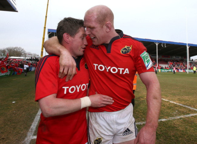 Ronan O'Gara and Paul O'Connell celebrate