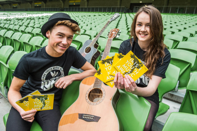 Jake Mc Ardle (Youth Work Ireland Louth’s 2015 IYMAs Recipient) and Laura Duff (Limerick Youth Services Paul Clancy Songwriter Winner) launching the IYMAs album at the Aviva Stadium.