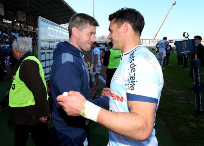 Ronan O'Gara and Dan Carter celebrate winning