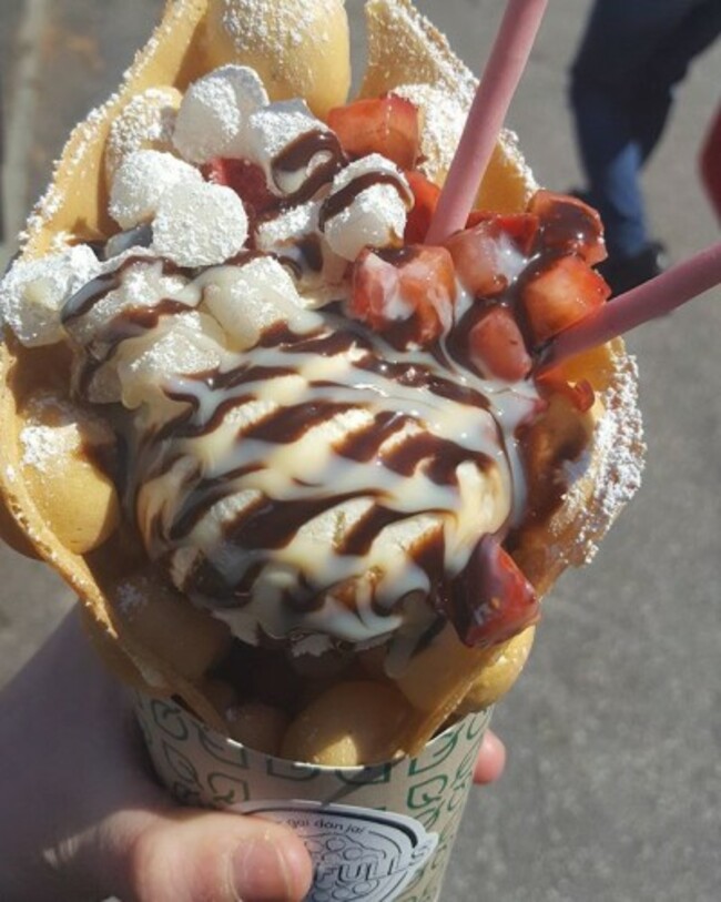 Hong kong style waffle with mochi, strawberries, condensed milk, chocolate and pocky on vanilla ice cream. Best decision ive made in awhile^u^ @smorgasburg @wowfulls #ny #brooklyn #waffle #asian #icecream #strawberry #breakfastofchampions #vanilla #mochi #smorgasburg #newyork #food #foodporn #dessert #dessertporn #instafood #foodart #amazing #sugar #fat #wowfulls #foodie