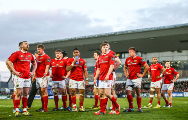 Munster's players watch replay's of Connacht's Niyi Adeolokun second try on the TMO