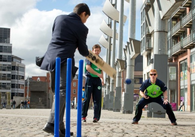 Ed Joyce and Kevin O'Brien bowl to members of the St Vincent's College Castleknock 1st year cricket team