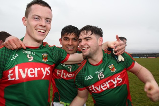 Stephen Coen, Shairoze Adram and Fionan Duff celebrate after the game