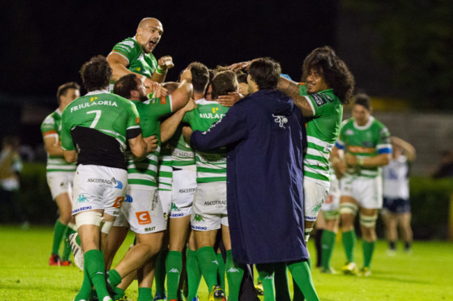 Treviso players celebrate winning